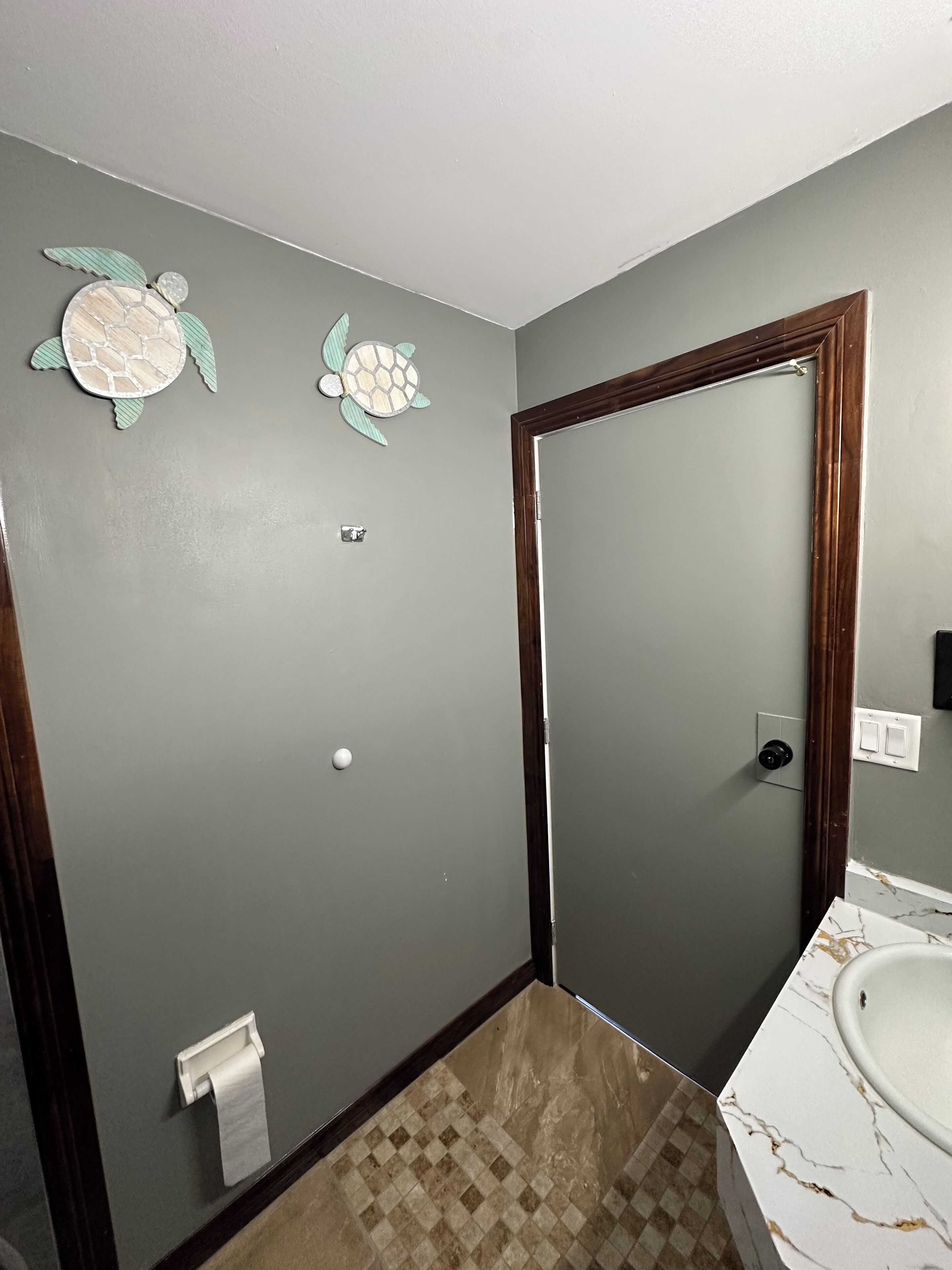 A bathroom with a marble sink, a wooden door, and a wall with a towel rack and a toilet paper holder.