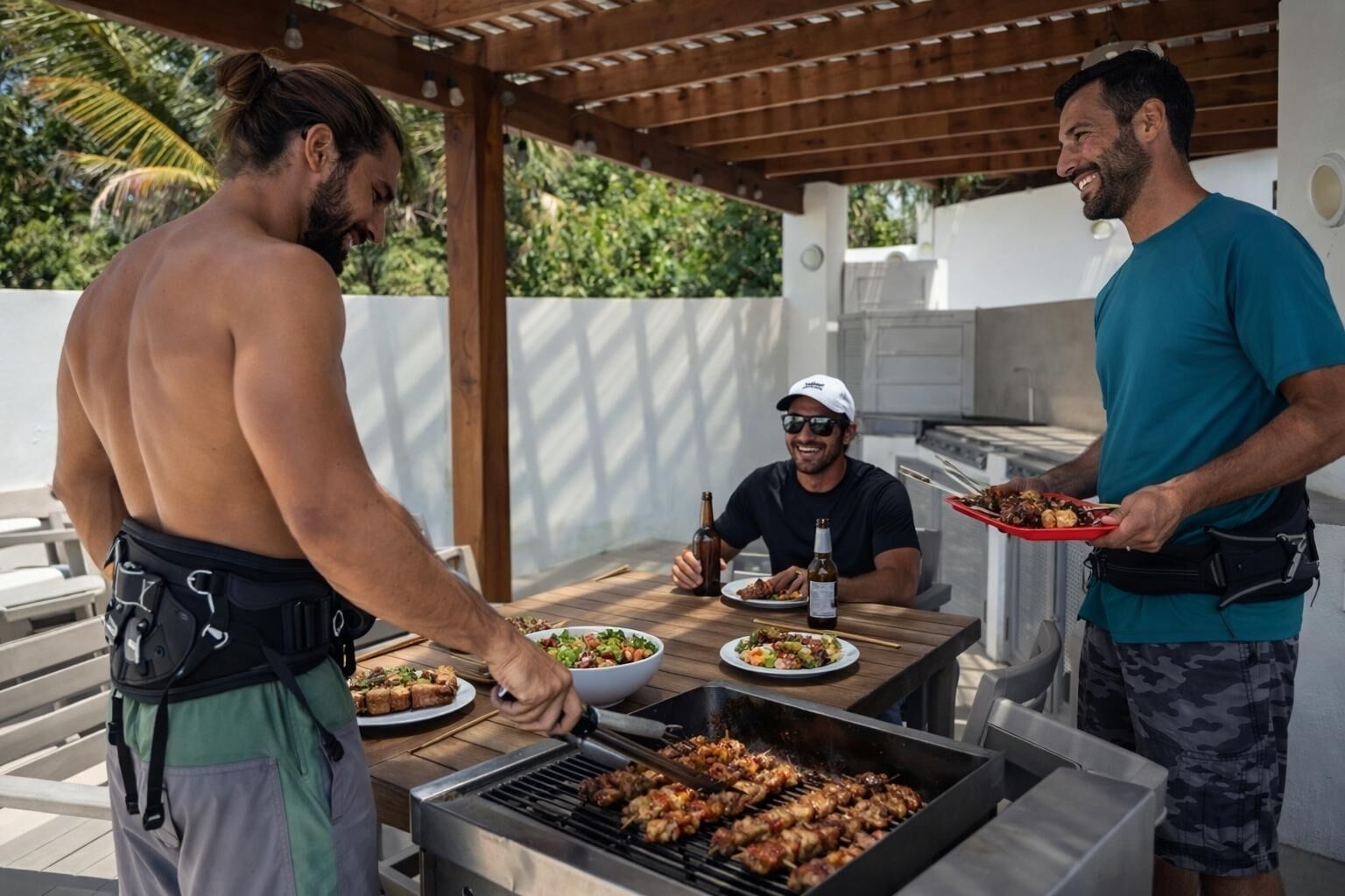 Un espace extérieur aménagé pour les barbecues, avec un gril, une table garnie de nourriture et une personne qui sert les plats.