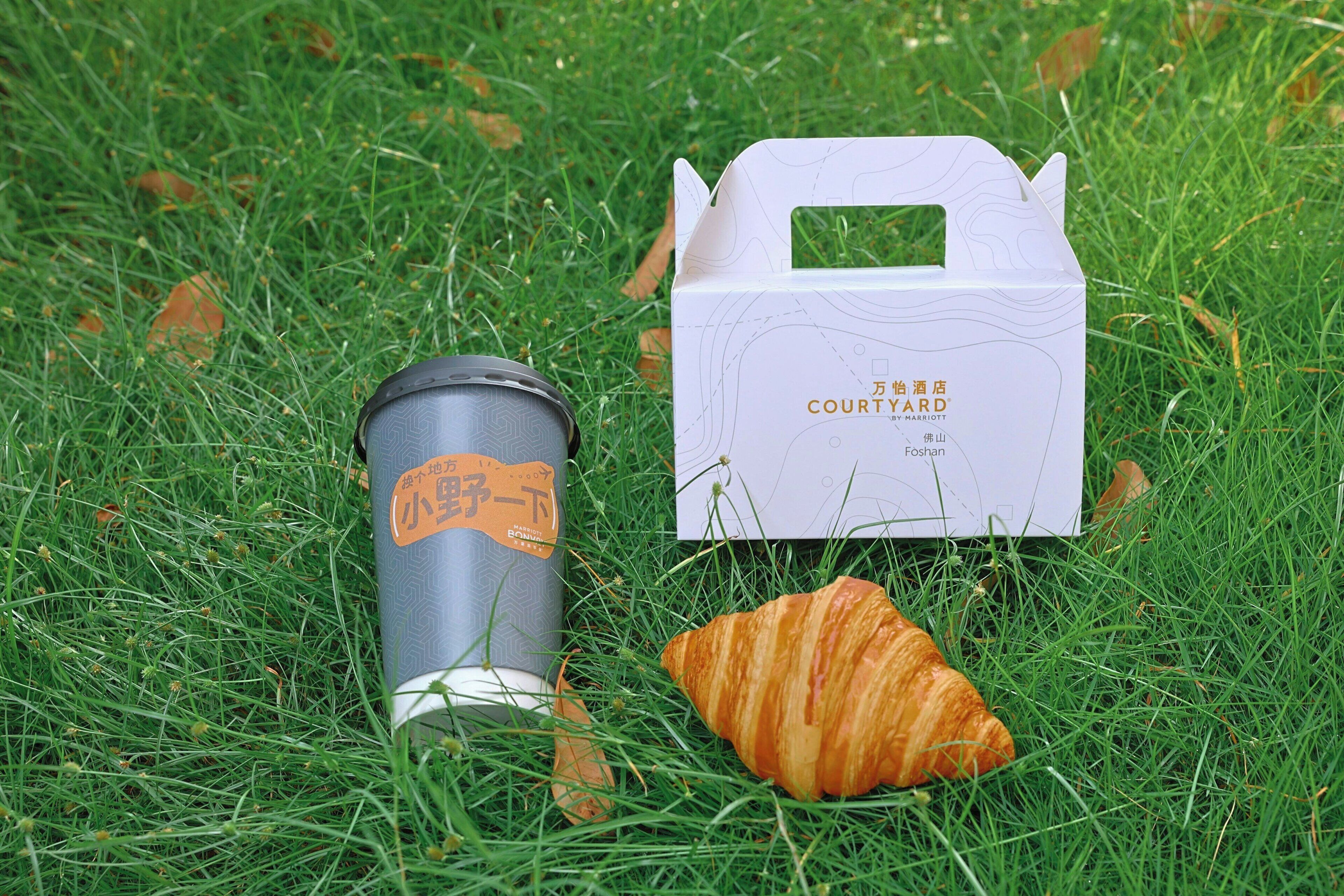 A white cardboard box with the text "COURTYARD" and "Foshan" on it, placed on grass.