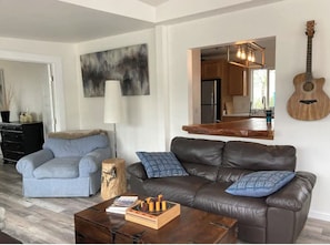 Smart TV, fireplace, books, stereo
