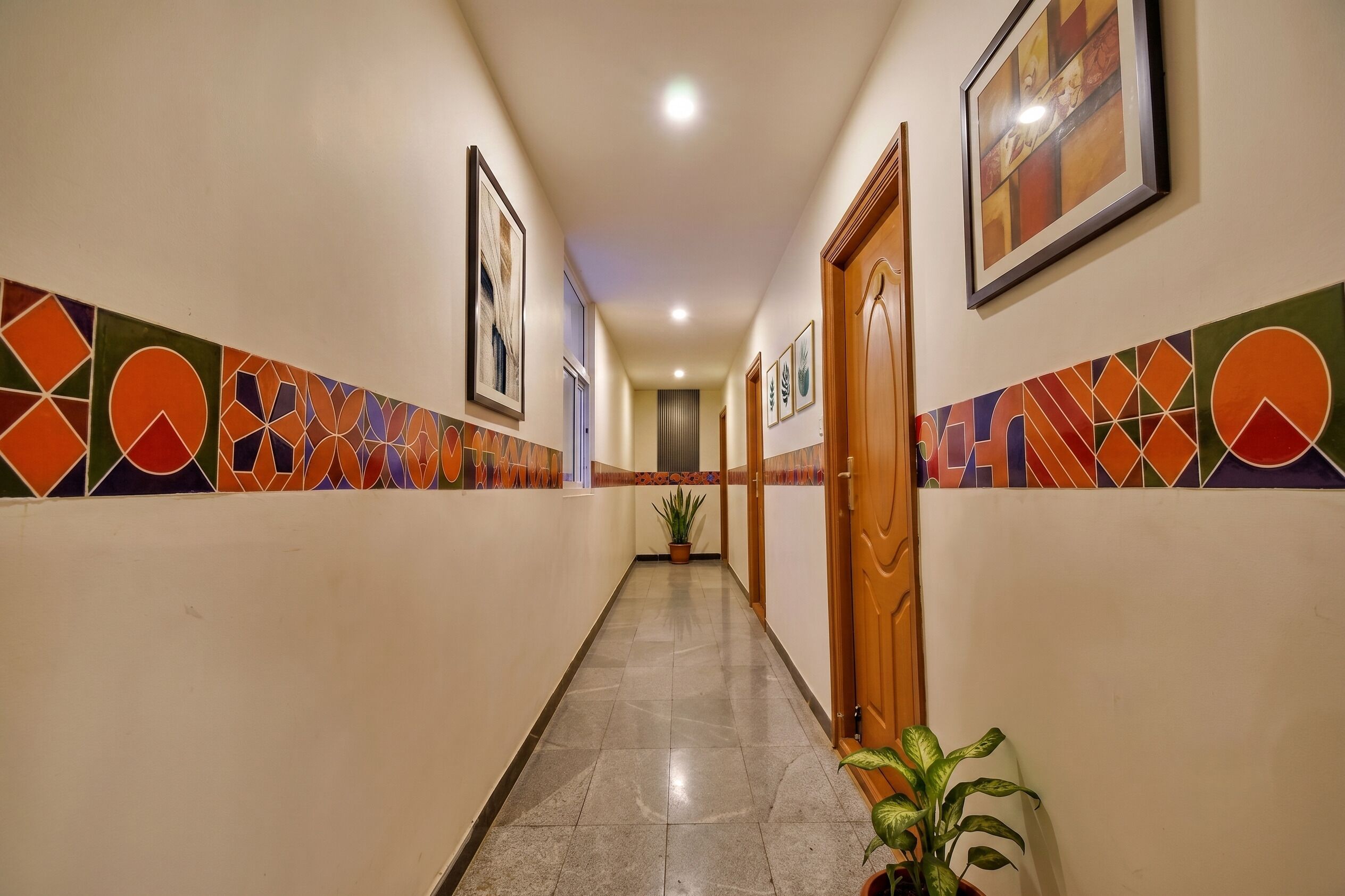 Un pasillo con paredes decoradas, una planta en maceta y una puerta.