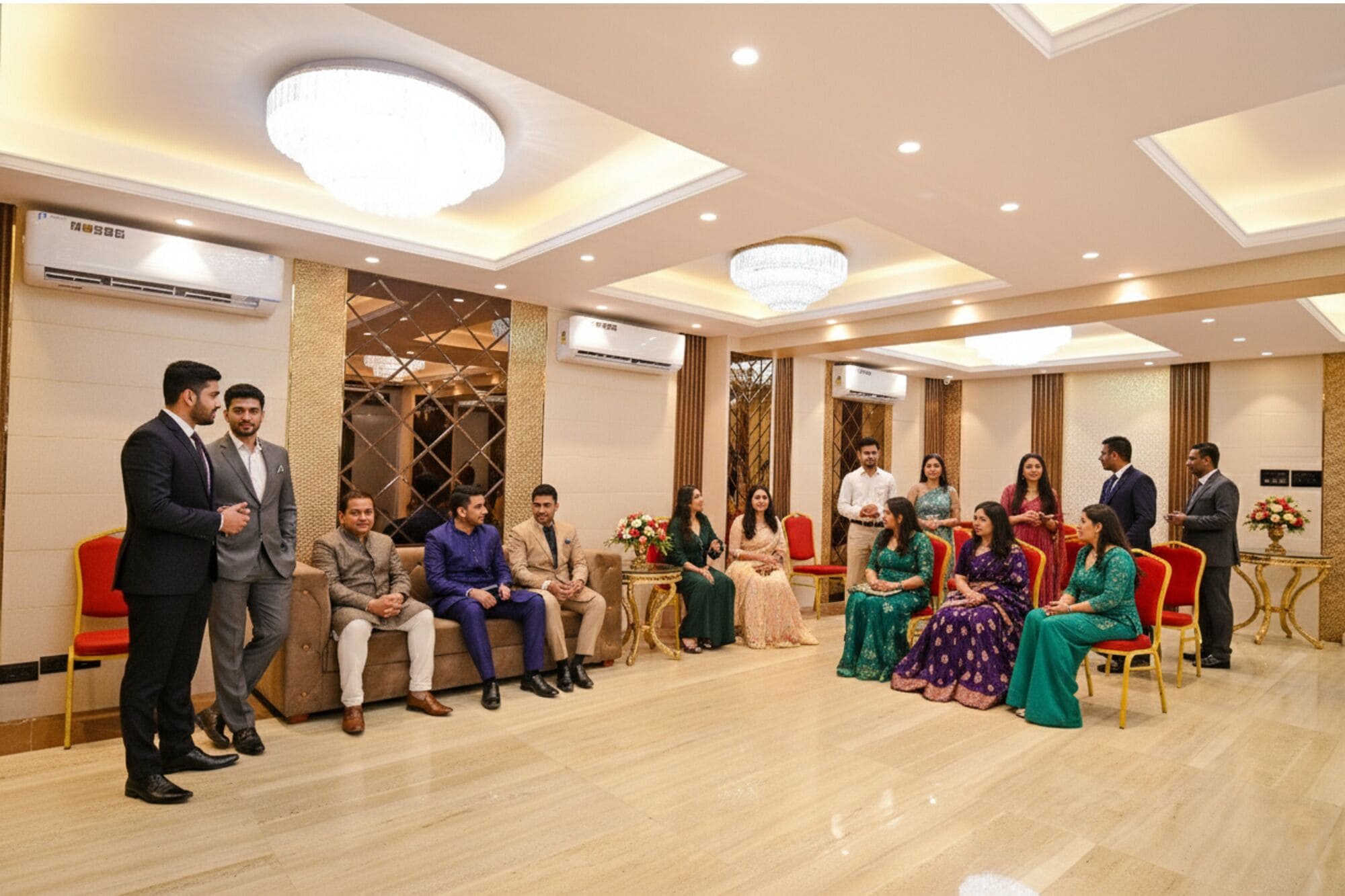 A formal indoor setting with a group of people seated and standing, a chandelier, and air conditioning units.