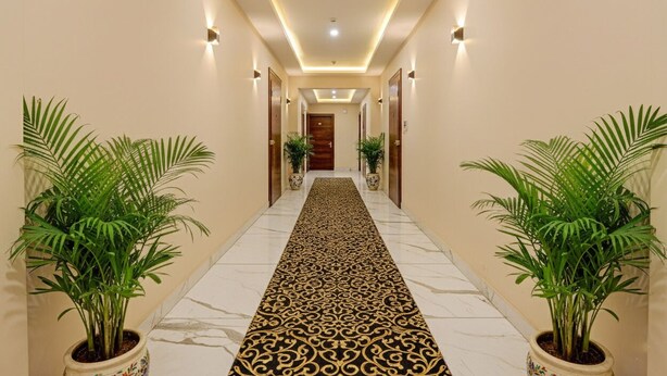 A hallway with a patterned carpet, potted plants, and wall-mounted lighting. - Fabhotel Dak Plaza (Barasat)