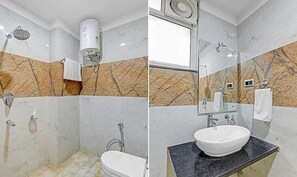 Un baño con ducha, inodoro y lavamanos.
