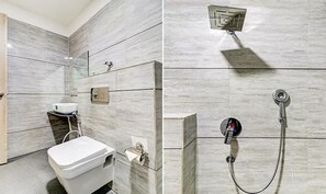 A modern bathroom with a toilet, sink, and shower. - Fabhotel Meera Palace (Indore)