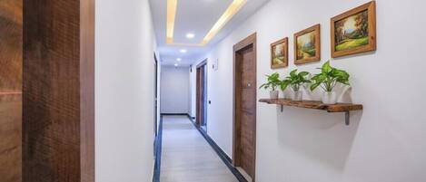Un pasillo con puertas de madera, una estantería con plantas y cuadros en la pared.
