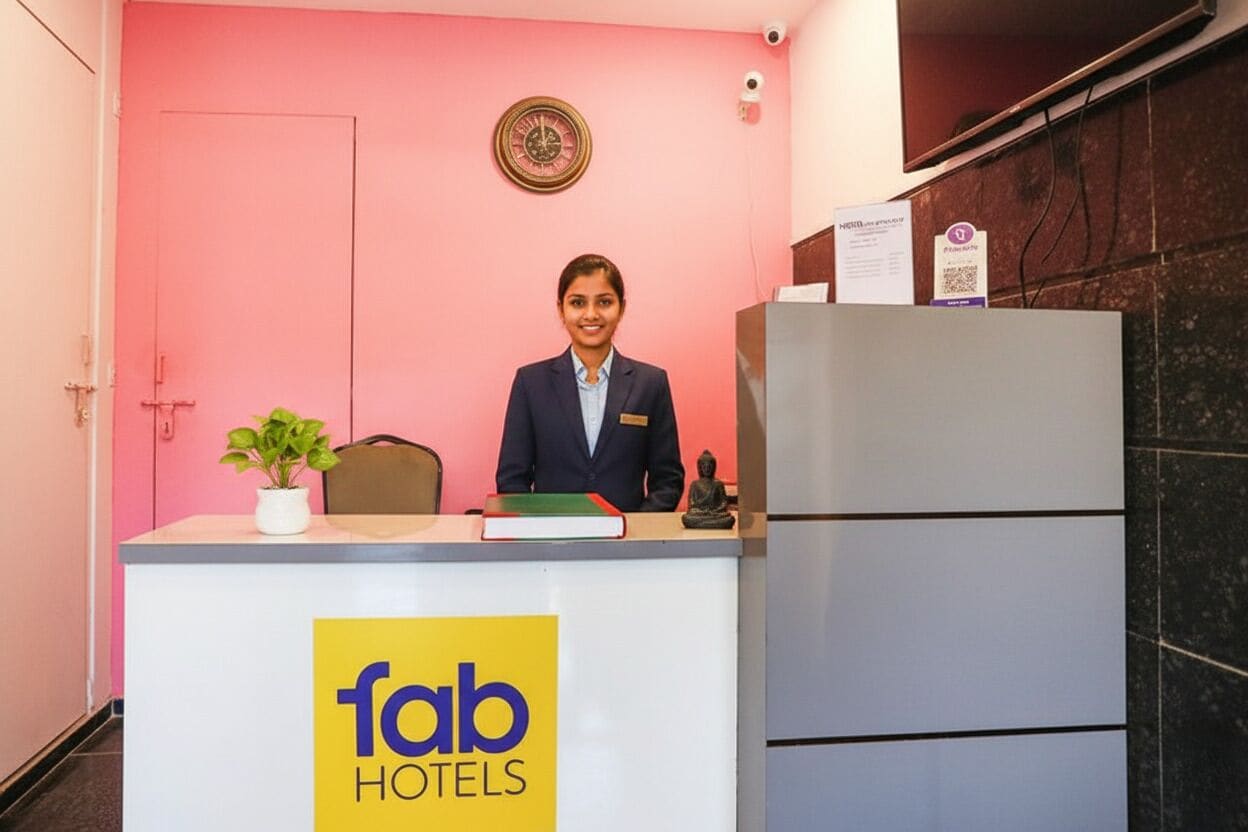 A reception desk at Fab Hotels with a pink wall, a clock, and a security camera.
