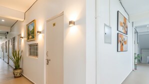Um corredor com uma porta, um vaso de planta e quadros nas paredes.