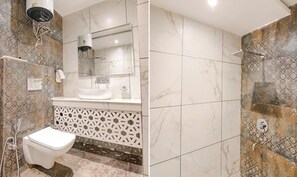Shower, rainfall showerhead, free toiletries, towels