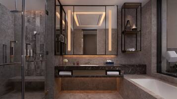 Separate bathtub and shower, rainfall showerhead, free toiletries