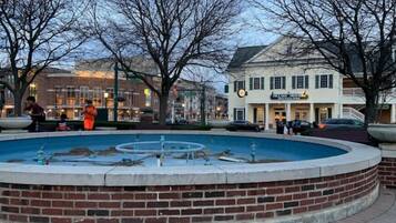 A public fountain with a circular brick base, surrounded by trees and a building with a sign that reads "VILLAGE PLACE."