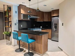 Fridge, microwave, oven, stovetop