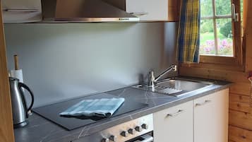 Fridge, stovetop, dishwasher, coffee/tea maker