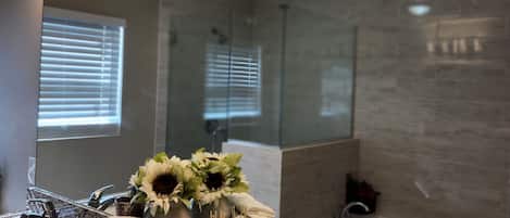 Hair dryer, towels, soap, shampoo