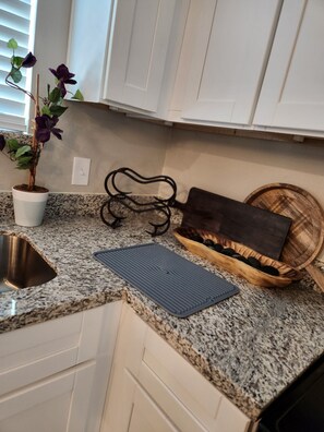 Kitchen features a granite countertop with a sink, a potted plant, and a storage rack.
