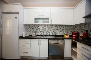 Fridge, dishwasher, toaster, cookware/dishes/utensils