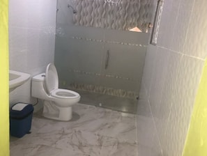 Hair dryer, towels, soap, shampoo