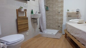 Shower, eco-friendly toiletries, hair dryer, towels