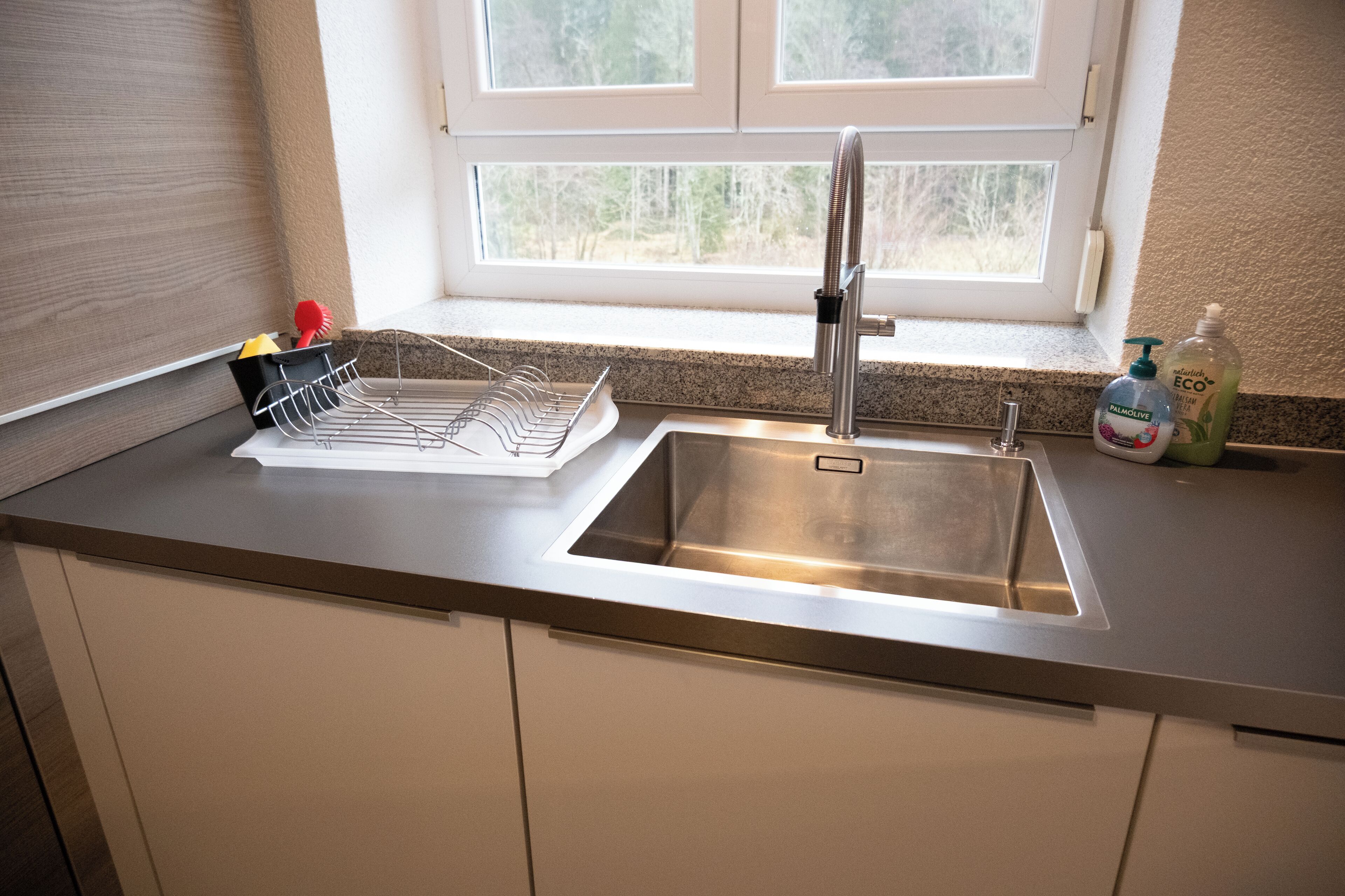 A modern kitchen with a stainless steel sink, a dish rack, and a window with a view of trees.