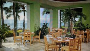 A restaurant with wooden tables and chairs, large windows with a view of palm trees and the ocean, and tropical plants. - Vidanta Mayan Condo (Puerto Vallarta)