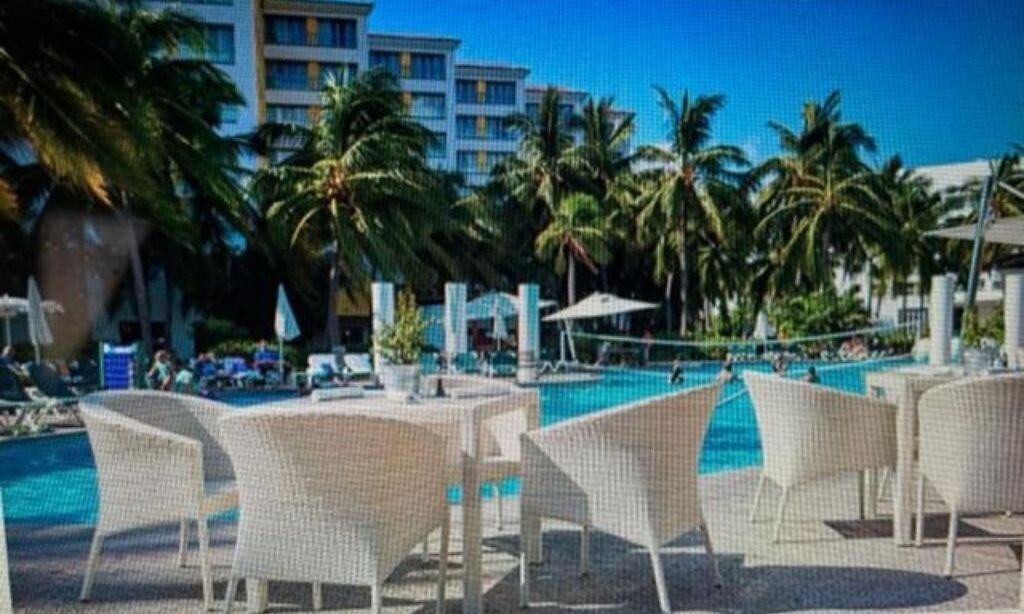 A poolside area with lounge chairs and umbrellas, palm trees, and a hotel building in the background.