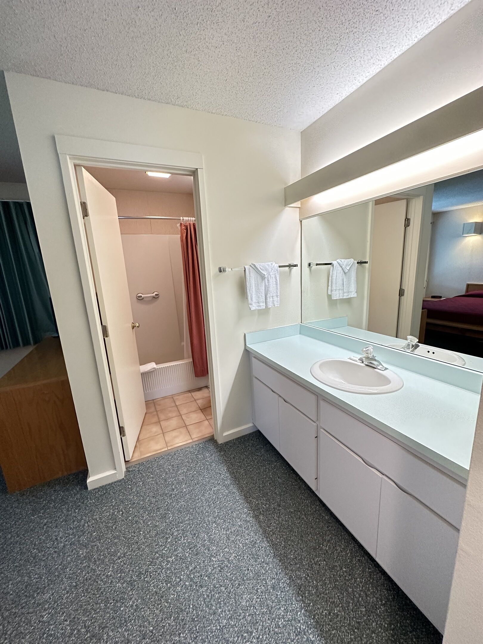 A bathroom with a sink, mirror, and towel rack.