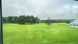 Une vue d’un champ herbeux, avec des arbres et un bâtiment qui se dessine au loin.