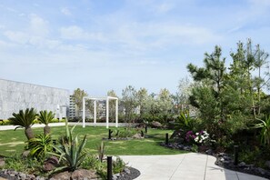 A landscaped garden with a pathway, palm trees, and various shrubs.