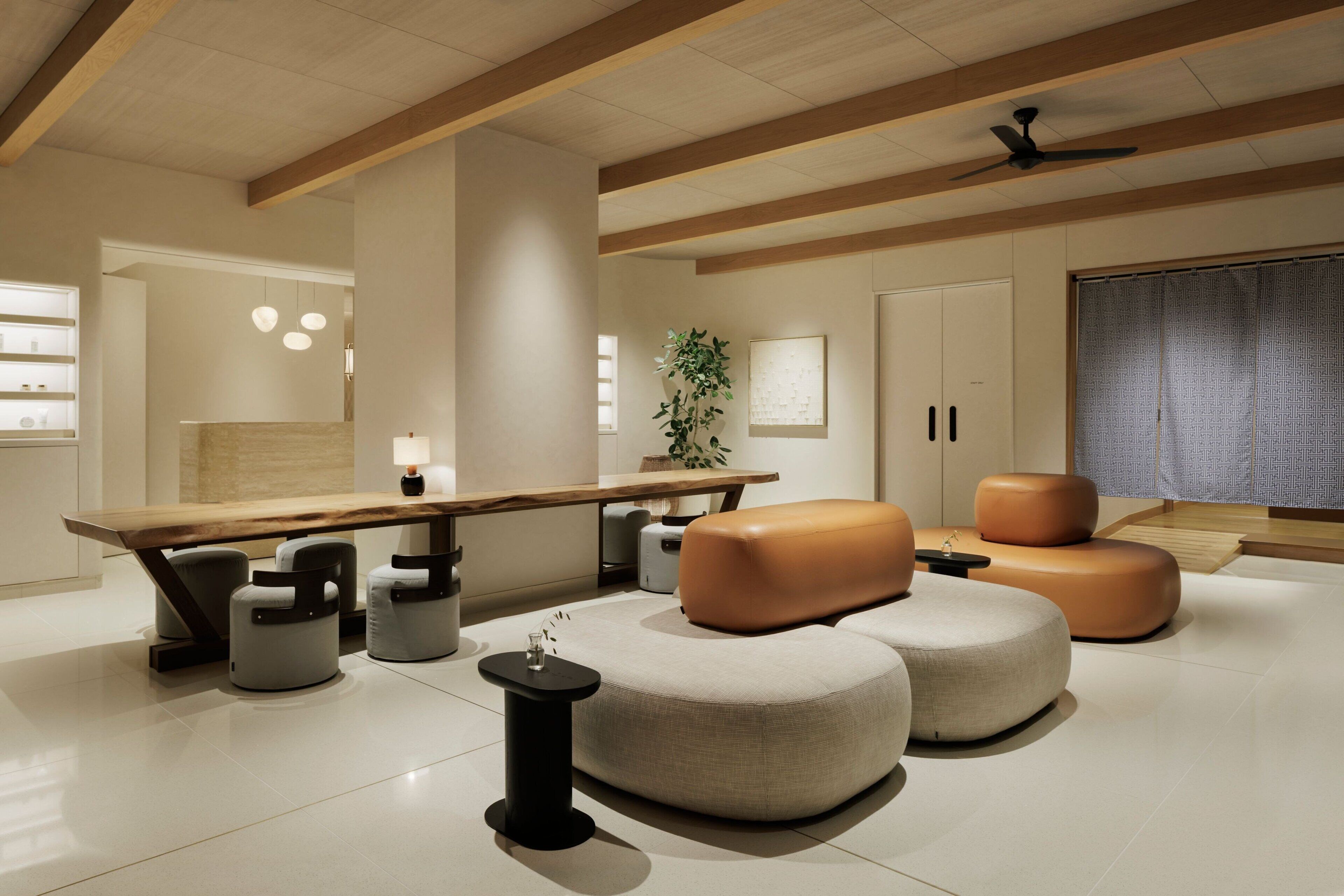 A modern living room with a wooden dining table, cushioned seating, and a ceiling fan.