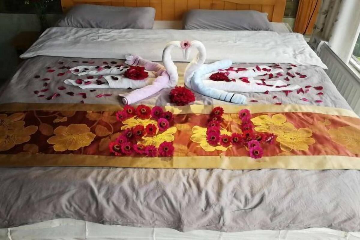 Ein Bett mit floraler Bettdecke, zwei schwanenförmige Handtücher und Rosenblätter.