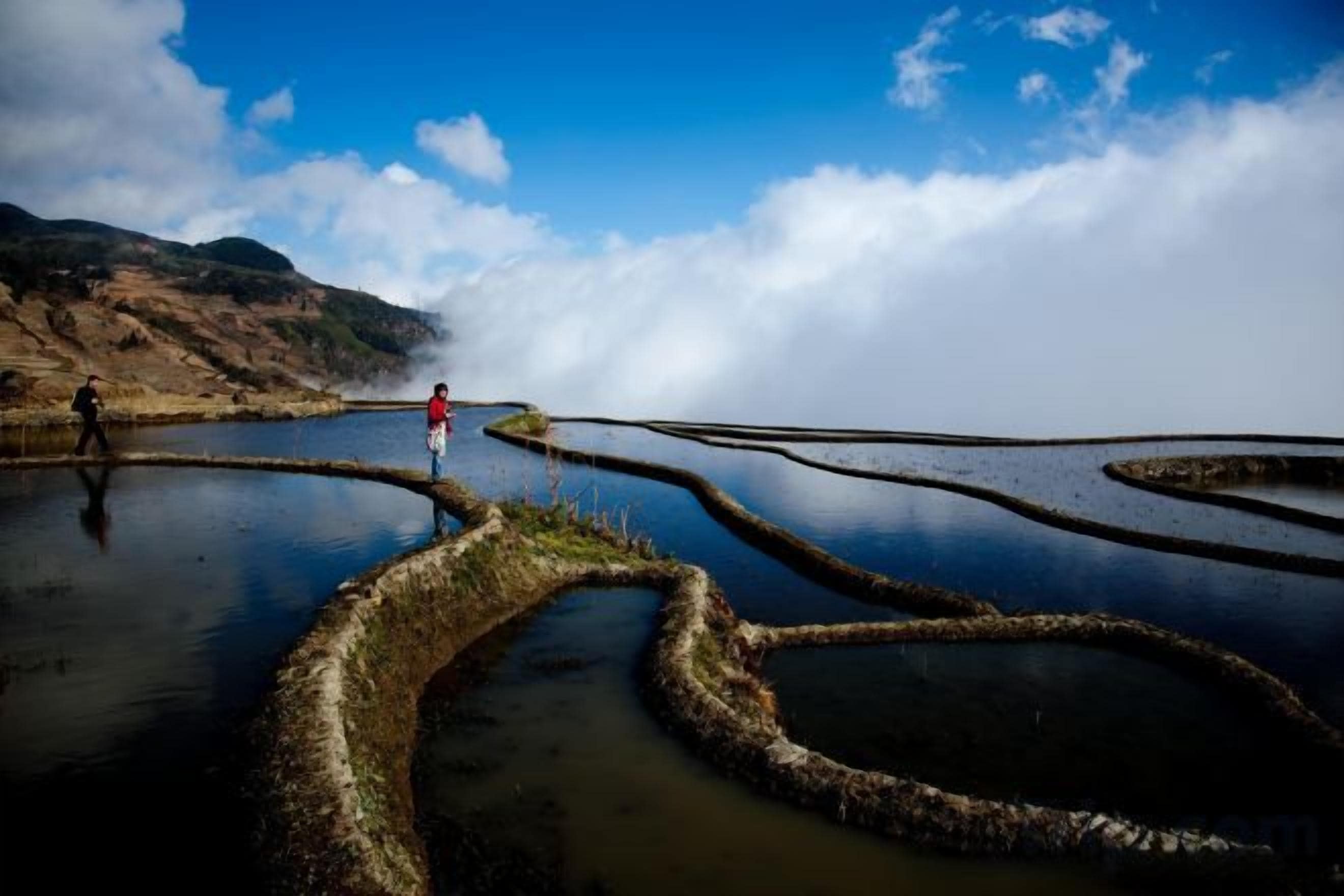 A landscape with terraced water bodies and a person in red.