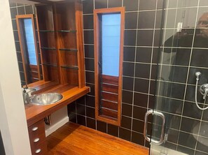 Regadera, toallas, jabón, shampoo 