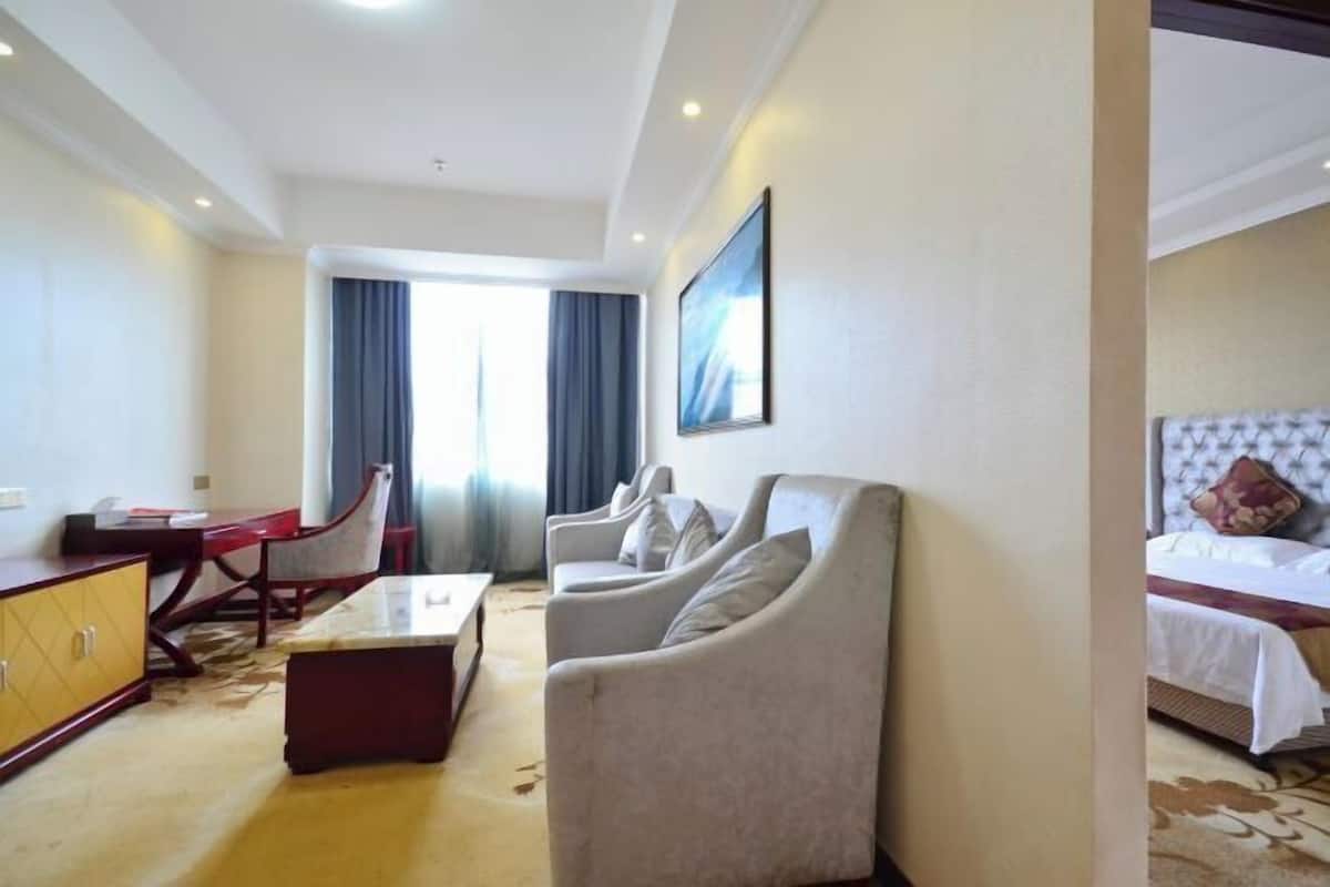 A hotel room with a bed, a sofa, a desk, and a chair.