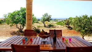 Une table en bois, sur laquelle se trouvent un saladier rempli de fruits et une bouteille de vin, le tout placé devant un paysage rural avec des arbres et un ciel dégagé.