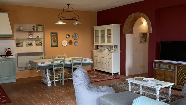 A living room with a sofa, a dining table with chairs, a kitchen area with cabinets, and a TV.