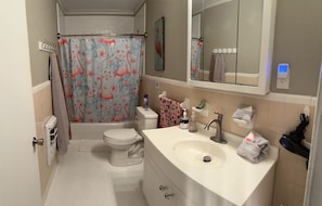 Séchoir à cheveux, serviettes fournies, savon, shampooing