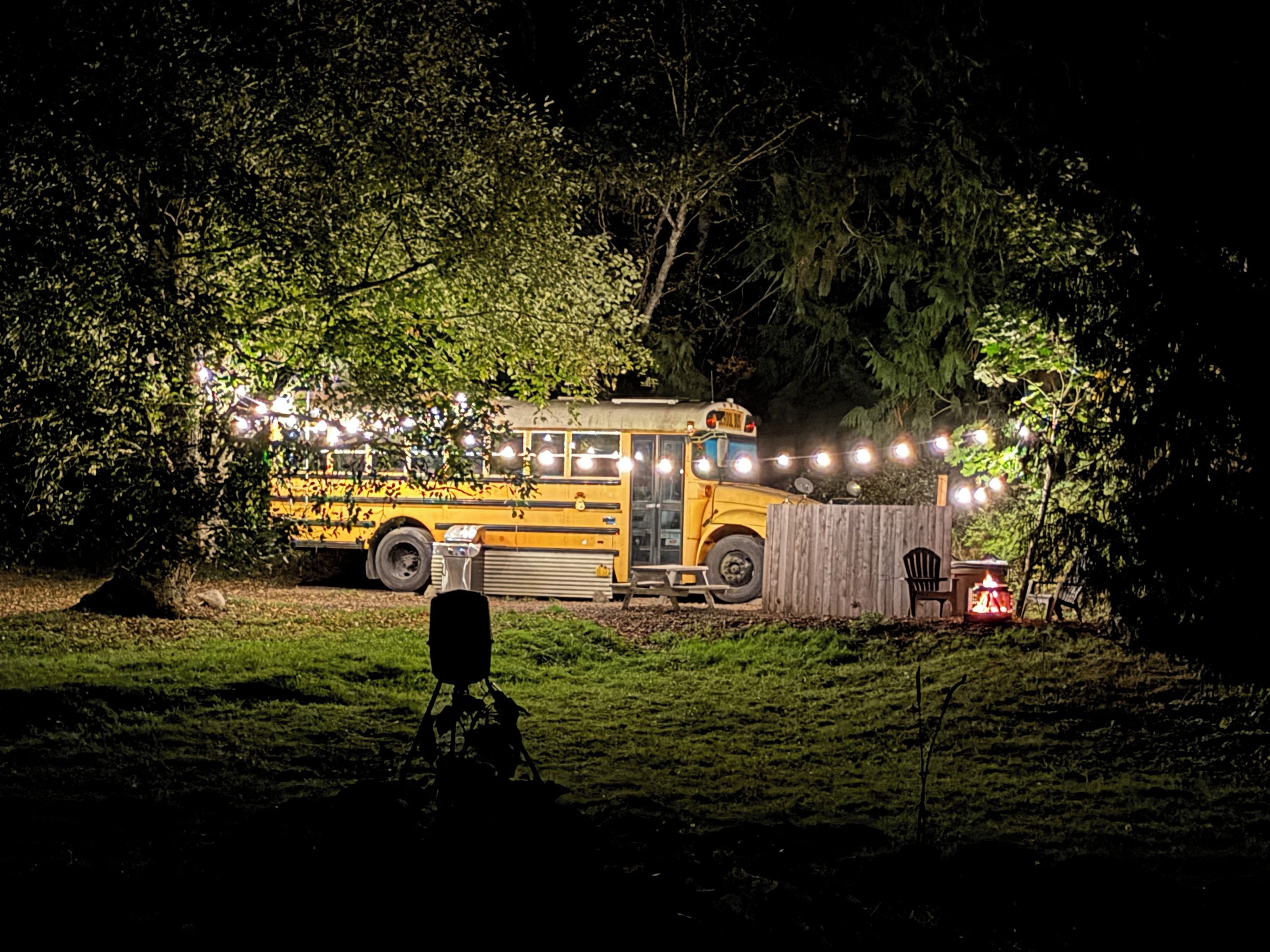 Un autobus jaune est garé dans une zone boisée, la nuit, et est entouré de guirlandes lumineuses.