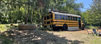 Bee Haven Bus at the RMR Farmstead with hot tub 