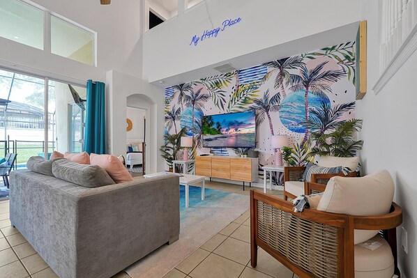 Téléviseur connecté, foyer, table de ping-pong