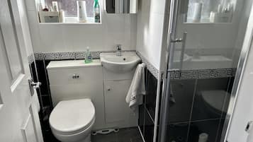 A compact bathroom with a toilet, sink, and shower.