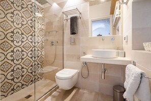 Shower, hair dryer, bidet, towels