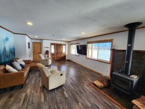 Smart TV, fireplace, books, computer monitors
