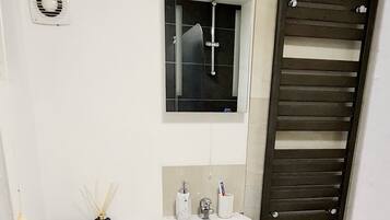 Apartment, 1 Queen Bed | Bathroom | Shower, hair dryer, towels