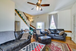 TV, fireplace, books