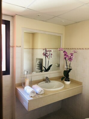 Dusch, hårtork, bidé och handdukar