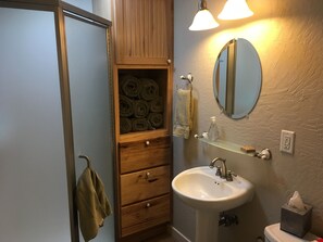 Hair dryer, towels, soap, toilet paper