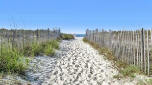 Un sentier de sable bordé de clôtures en bois qui mène à la mer.