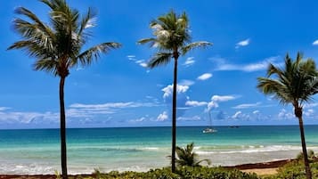On the beach, sun loungers, beach towels
