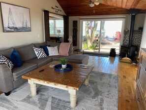 Älytelevisio, takka, kirjoja, musiikkikirjasto