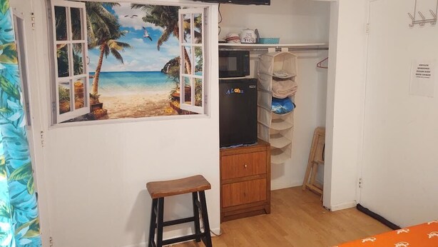 A bedroom with a beach mural, a TV, a wardrobe, and a bed.